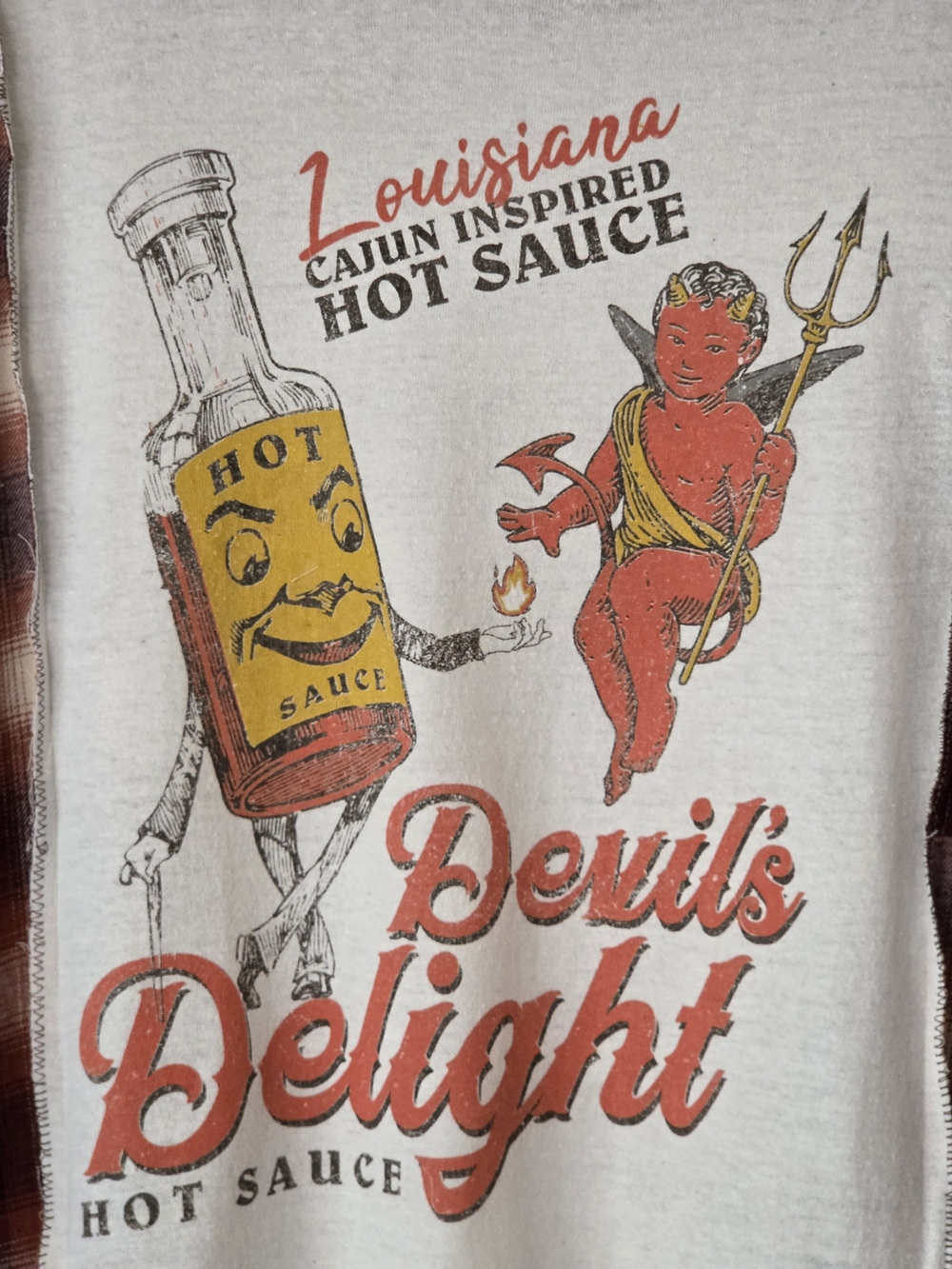 Upcycled Vintage Devil's Delight Graphic T-shirt With Plaid Long Sleeve - Picture 5 of 9